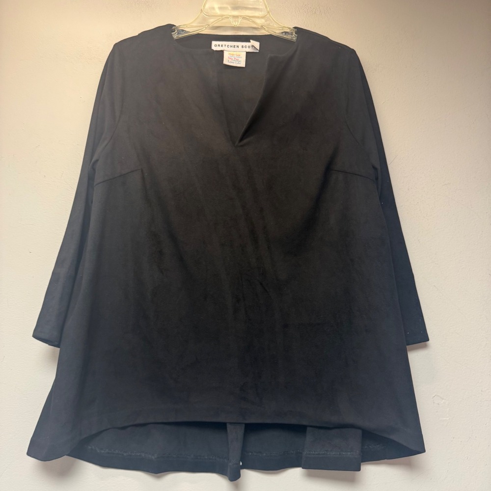 Gretchen Scott Tunic Womens Small Black Excellent Faux Suede V-Neck Pleated Back